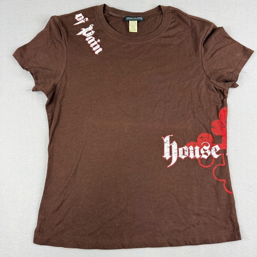 House of Pain Graphic Tee Large Brown Red Gothic Y2K Grunge Fitted T Shirt